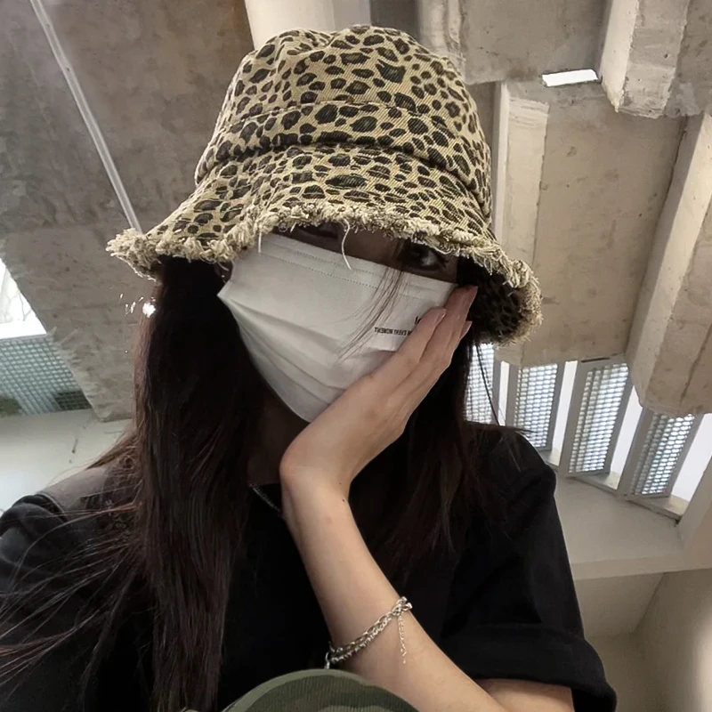 Korean Leopard Print Printed Bucket Hat for Men and Women Street Casual Spring and Autumn Sunshade Foldable Big Eaves Sun Cap