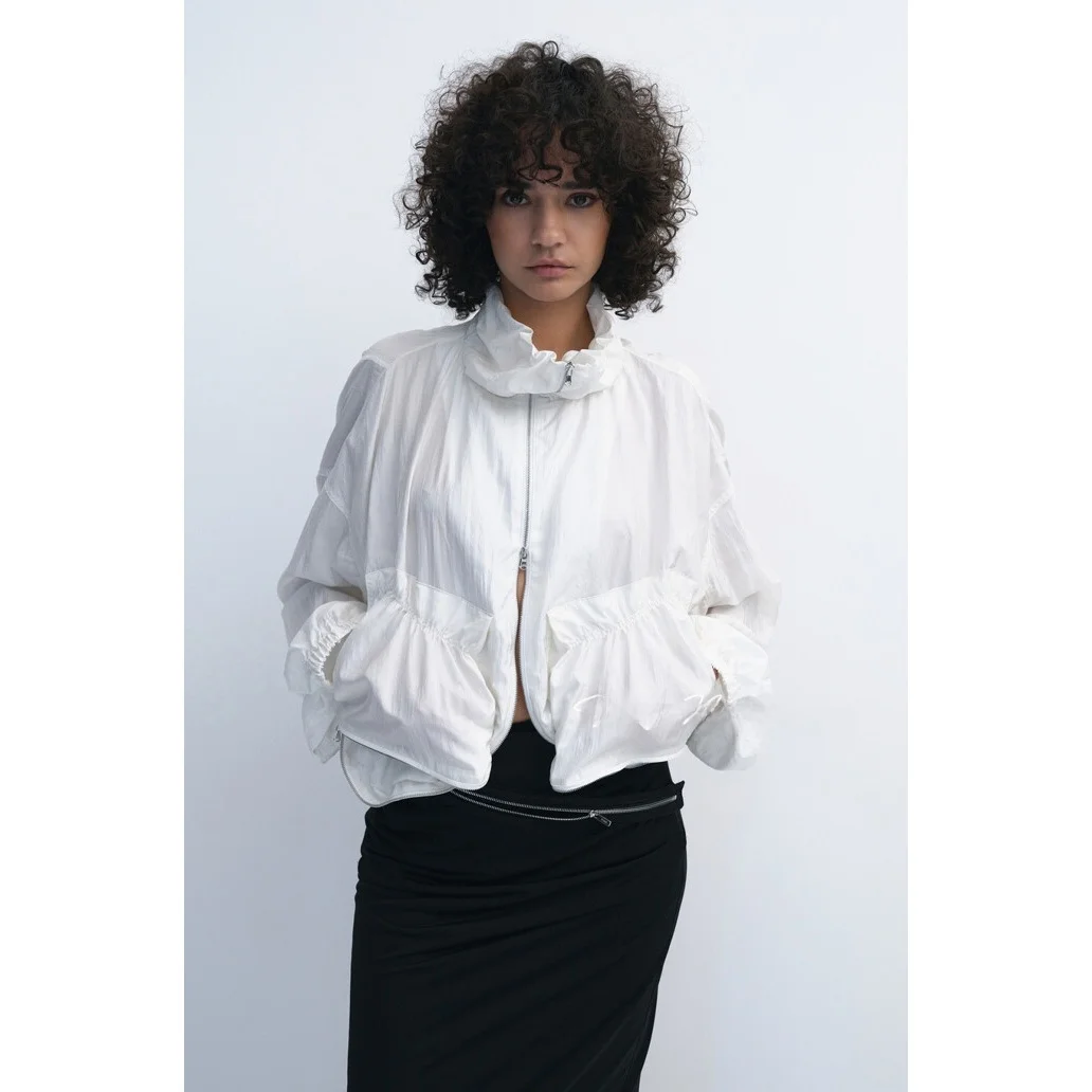 Spring Summer Thin Outerwear Stand Collar Drawstring Pleated Commute Versatile Loose Slimming Jacket Top Women's Fashion