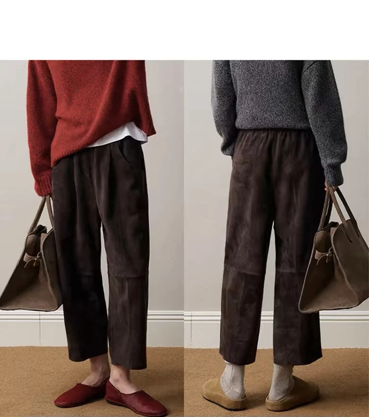 Retro 2025 Leather Ankle-Length Pants Women Elastic Waist Suede Sheepskin Wide Leg Length Straight Cylinder Trousers Black brown