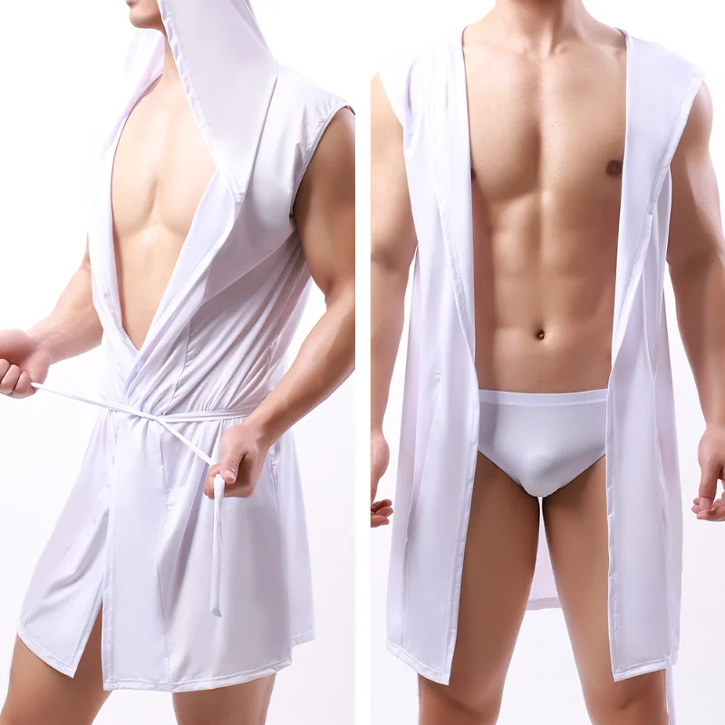 Men's Bathrobe Milk Ice Silk Silky Hooded Sleeveless Thin Nightgown Hollow Bodybuilding Nightwear Singlets Sport Vest Clothing