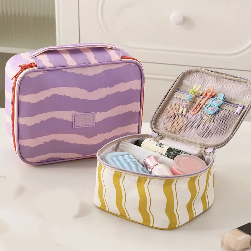 Waterproof Striped Makeup Bag Striped Handheld Travel Cosmetic Pouch Large Capacity Dry Wet Separation Wash Bag