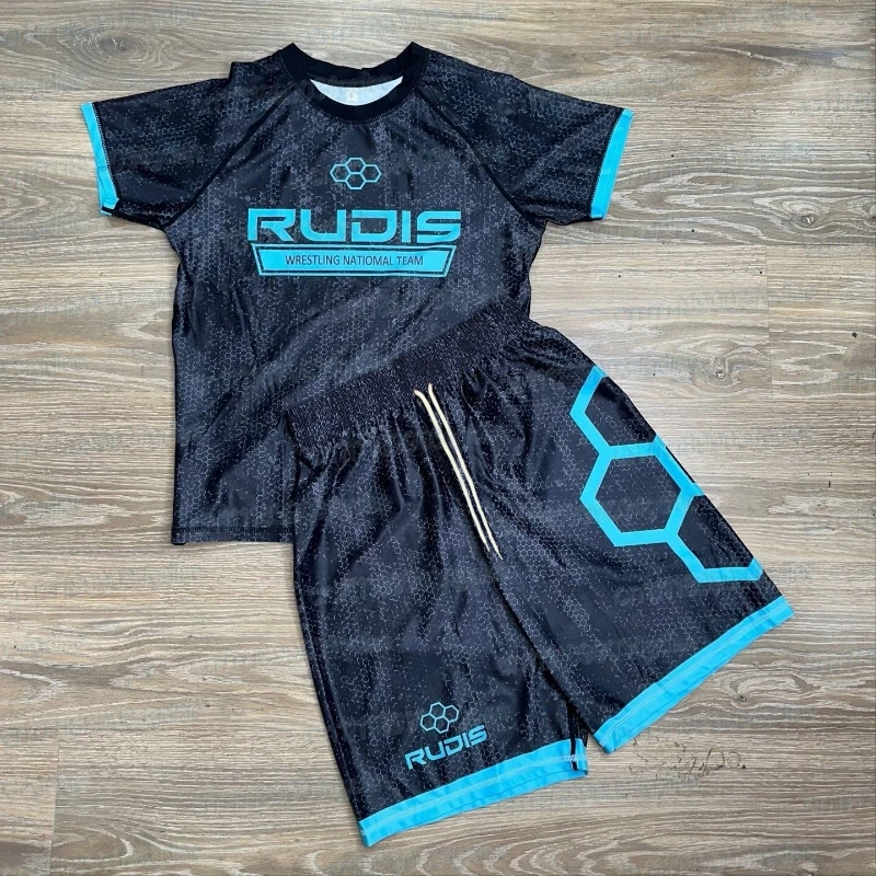 Summer Black Printed Wrestling Style Sports Suit, Quick Drying T-shirt and Shorts, Breathable Training Suit, Family Match