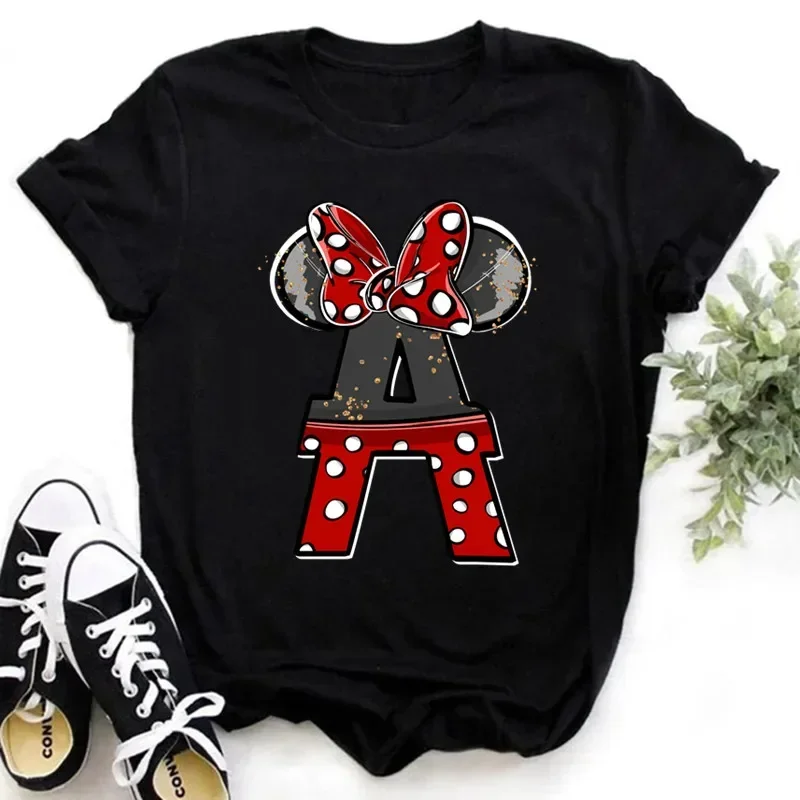 2024 Disney Kids Clothing Minnie Mouse Red Gold Grey Black Glitter Hand-drawn Letters A-Z Print Girls T-shirt Black Y2k Tops