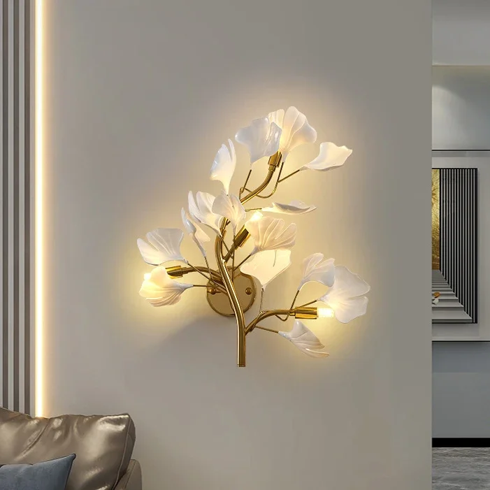 luz de parede criativa ginkgo leaf para foyer corredor minimalista nordico quarto luz de cabeceira luxuosa sala de estar lampada de fundo do sofa 01