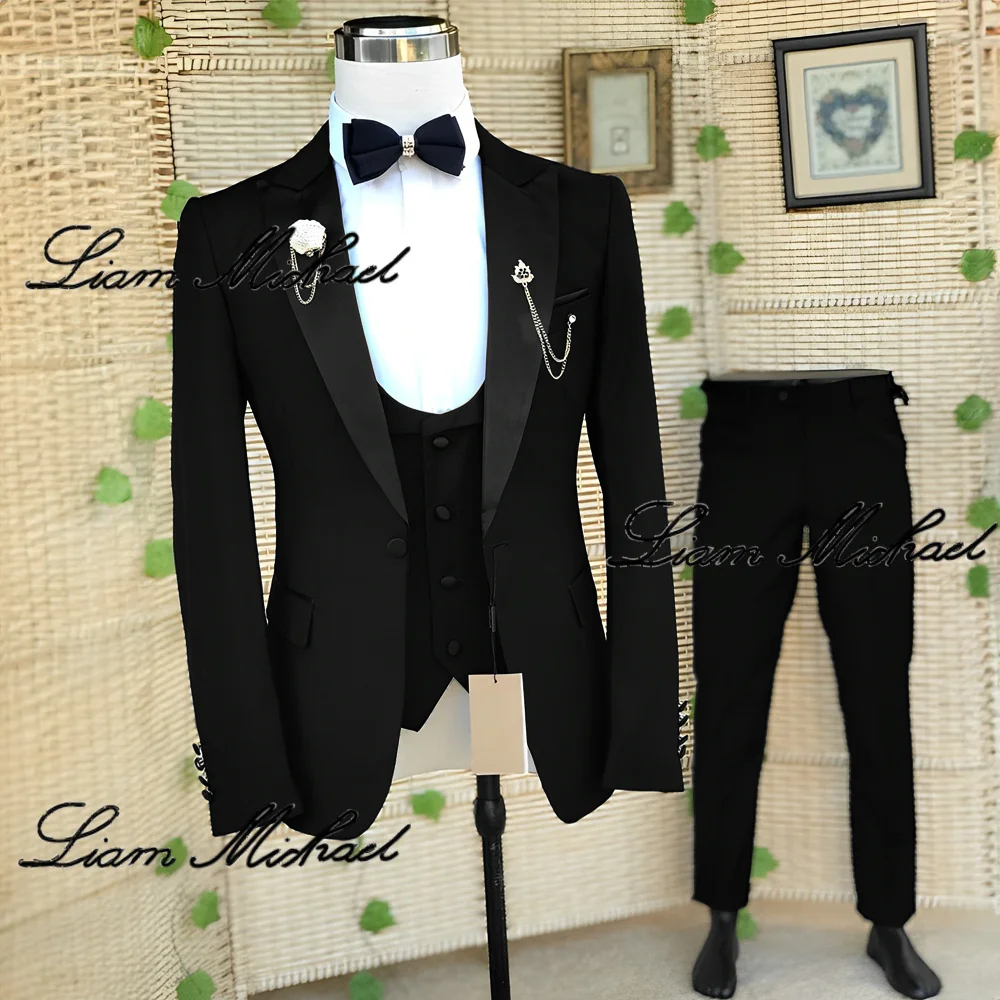 Black Wedding Groom Tuxedo Elegant Suit Men's 3 Piece Jacket Pants Vest Tie Customized Outfit XS-5XL Slim Fit Blazer Men