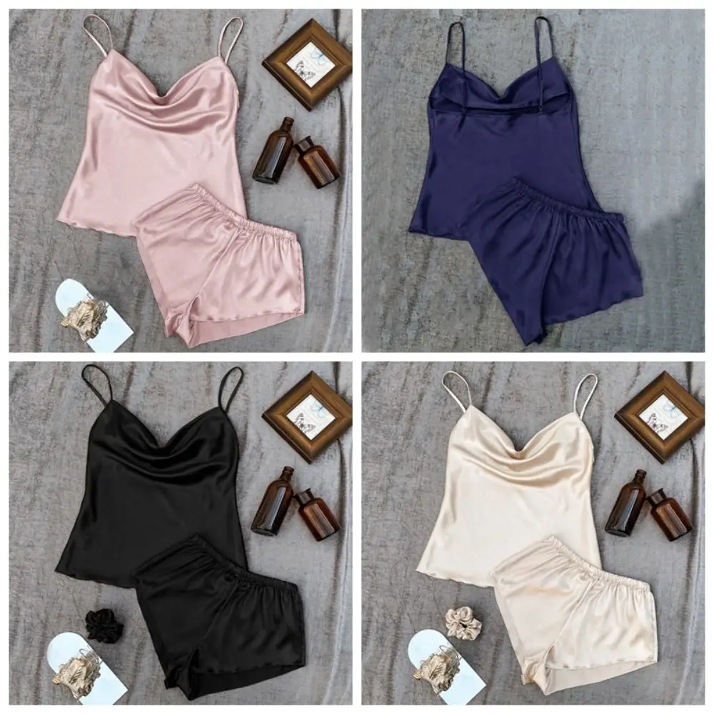 

Sleeveless Sling Satin Silk Pajamas Ice Silk Loose Camisole Shorts Nightdress Home Clothes V-neck Sleepwear Sets Summer Home