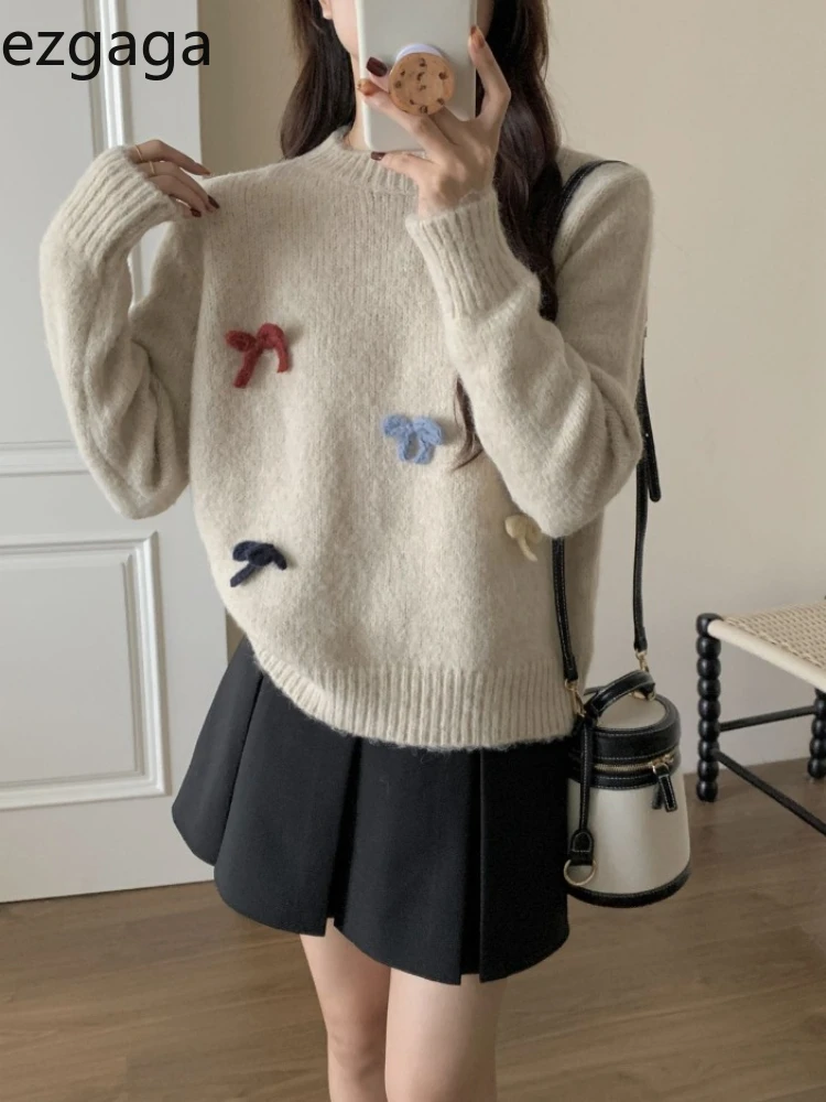 

Ezgaga Knitted Sweater Women Bow O Neck Autumn Winter Sweet Loose Stretch Jumper Long Sleeve Pullover Female Fashion Casual