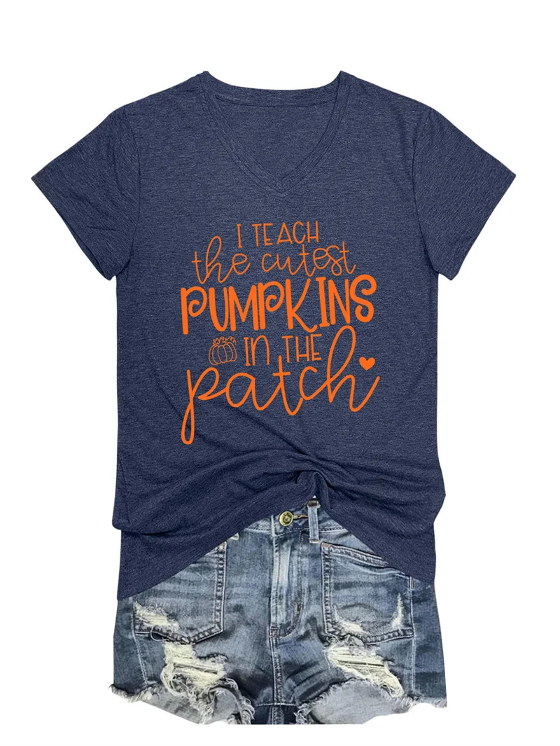 New fashion women's cotton summer i teach the cutest pumpkins Comfortable trend retro V-neck short-sleeved T-shirt