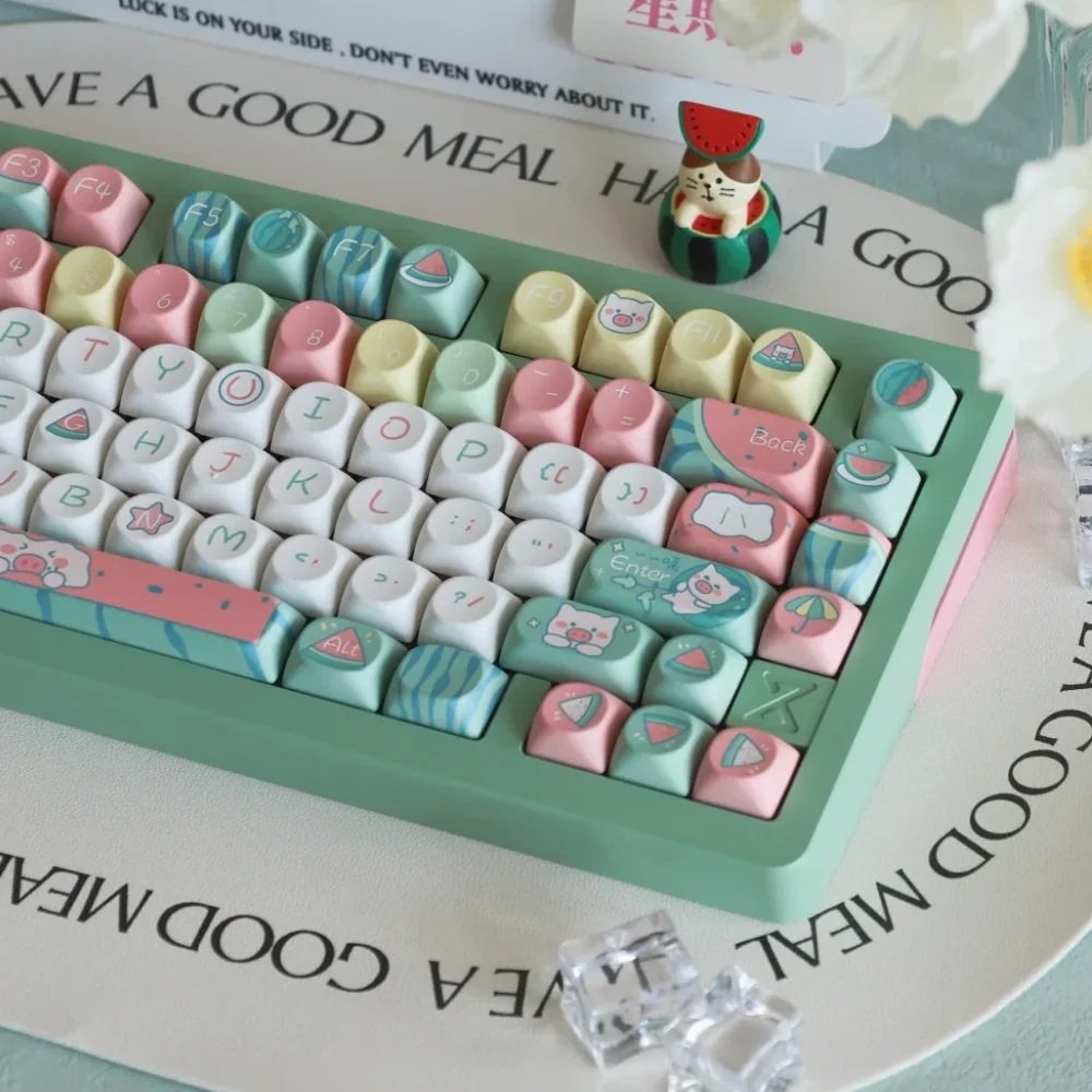 Watermelon Sweet Theme Keycap 138 Keys SOA Profile PBT Thermal Sublimation Cartoon Cute Watermelon Piggy Green Keyboard Keycaps