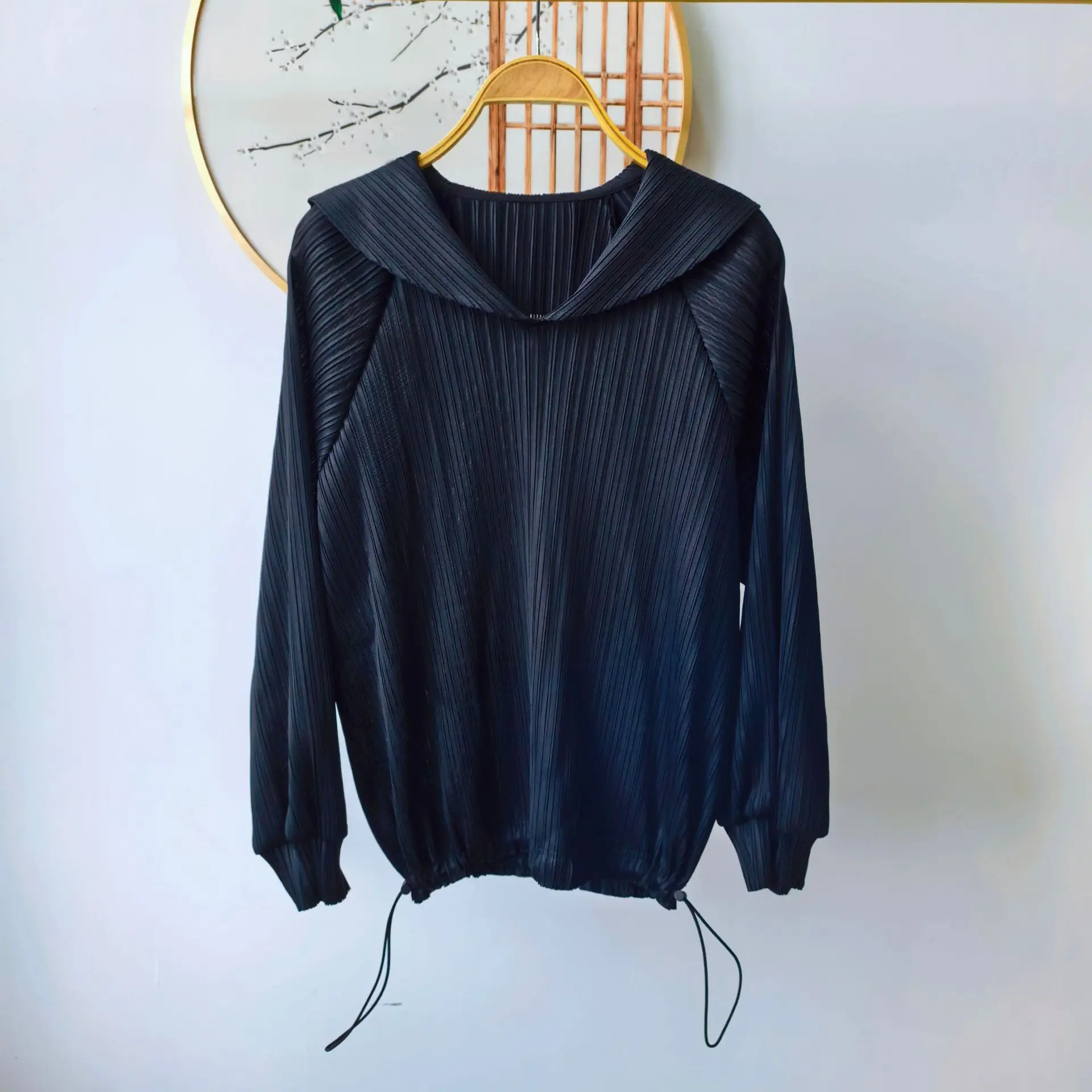 

YUDX Elegant Sage Green Miyake Pleated Collar Long Sleeve Top, Drawstring Hem Relaxed Fit Women's Daily Office Vacation Blouse