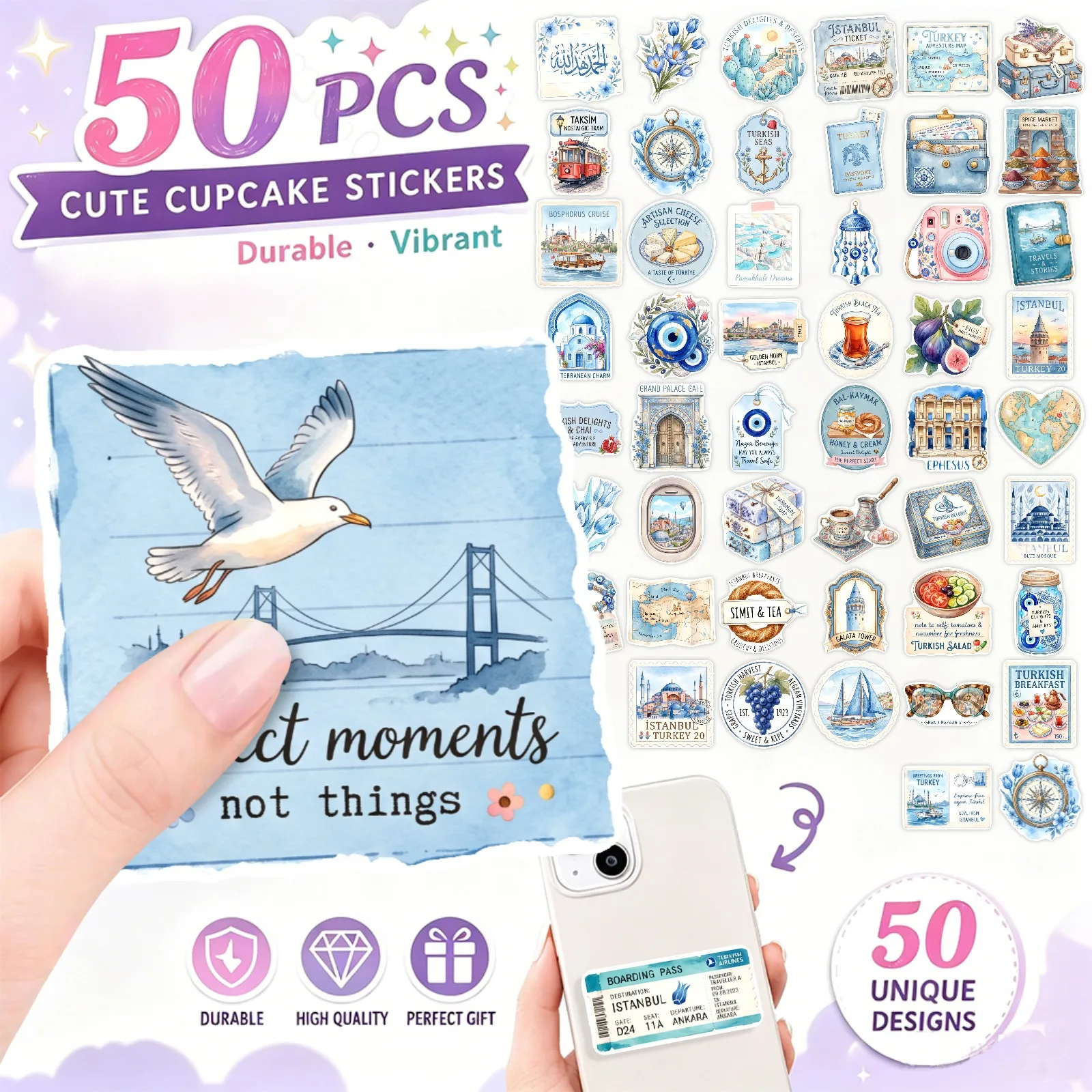 50Pcs Turkey Travel Element Stickers Aesthetic Stickers Vinyl Decals for Journal,Water Bottle,Notebook,Luggage,Car DIY Decor