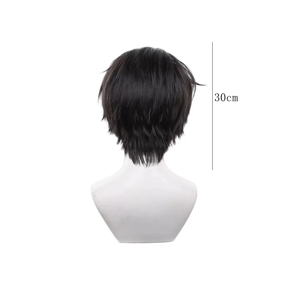 Short Black Anime Cosplay Wig Men Synthetic Hairpiece with Textured Top & Side Bangs for Halloween Party Costume Role Play