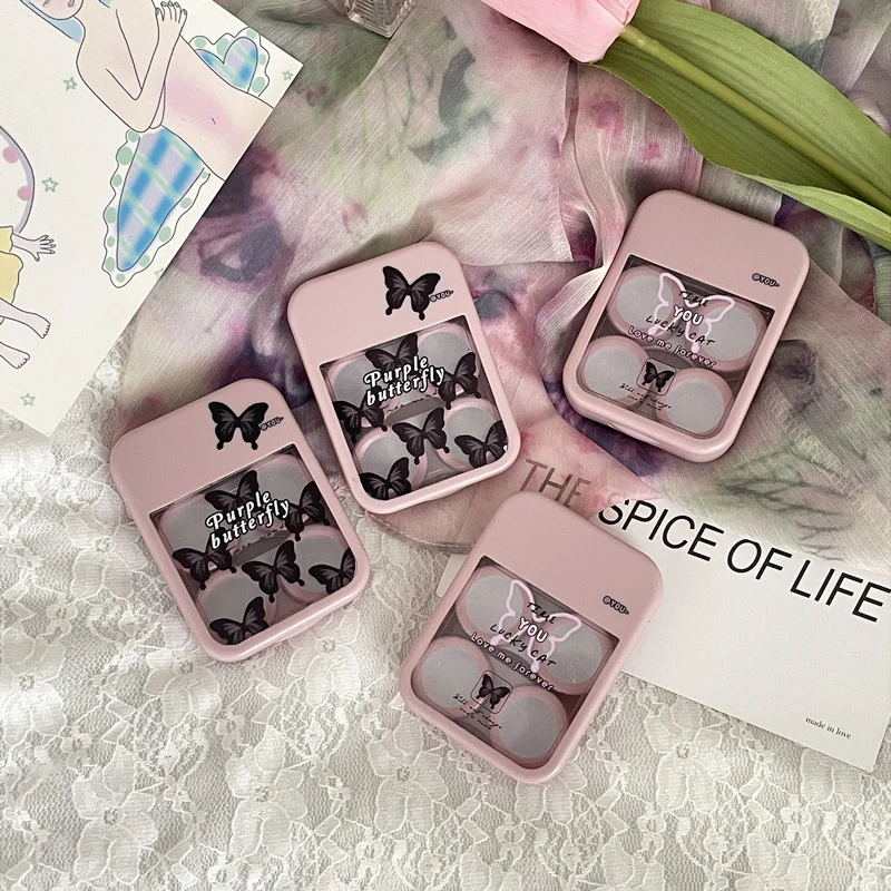 

1Set Trendy Mini Contact Lenses Box Purple Black Butterfly Contact Lens Case With Mirror For Women Holder Eyewear Accessories