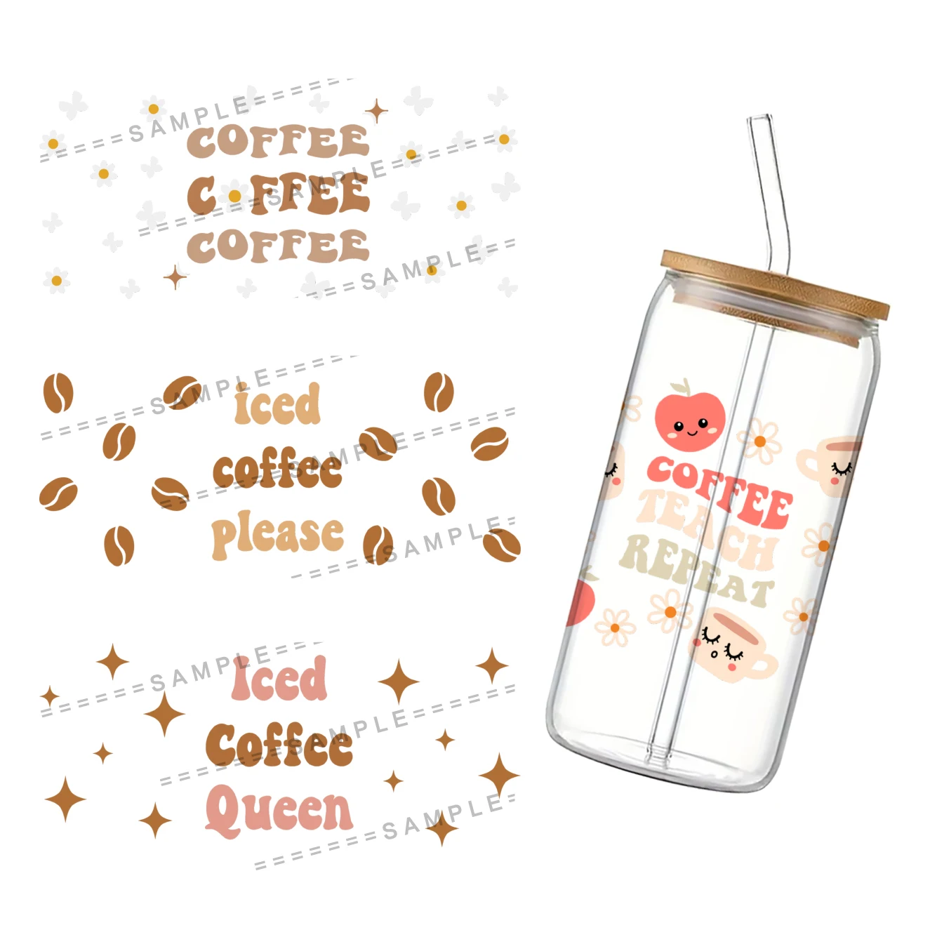 Coffee Pattern UV DTF Cup Wrap for 16Oz Libbey I Need Coffee Glass Can DIY Transfer Sticker