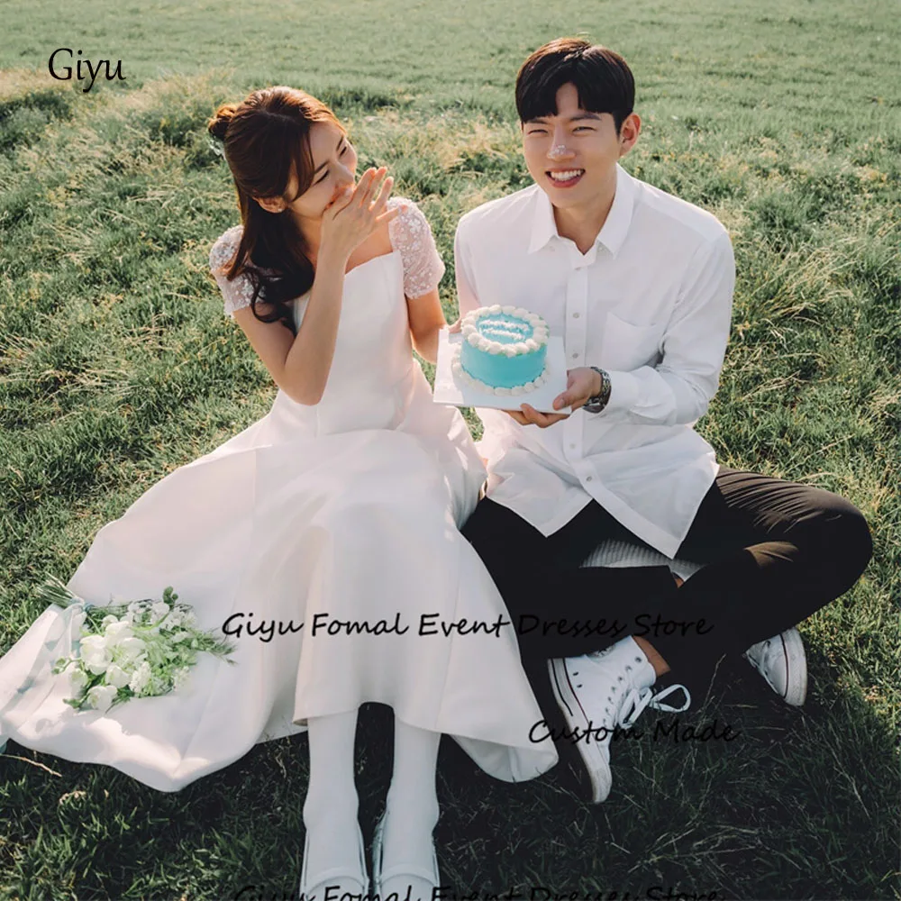 

Giyu Vintage A Line Satin Wedding Dresses Korea Photo shoot Short Sleeves Ankle Lengtgh Bridal Gowns Square Neck Custom Made