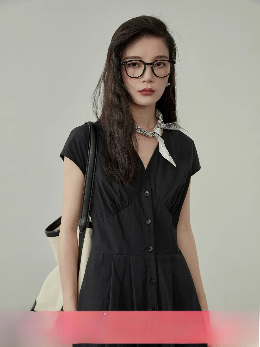 

Minimalist Black V-neck Dress Women's Summer Thin Waist-cinching Sleeveless Dress Elegant Commute Style Daily Wear