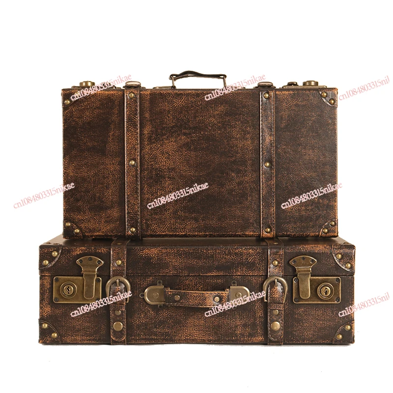 

Retro nostalgic portable wooden case brown leather case shooting props storage and sorting storage box
