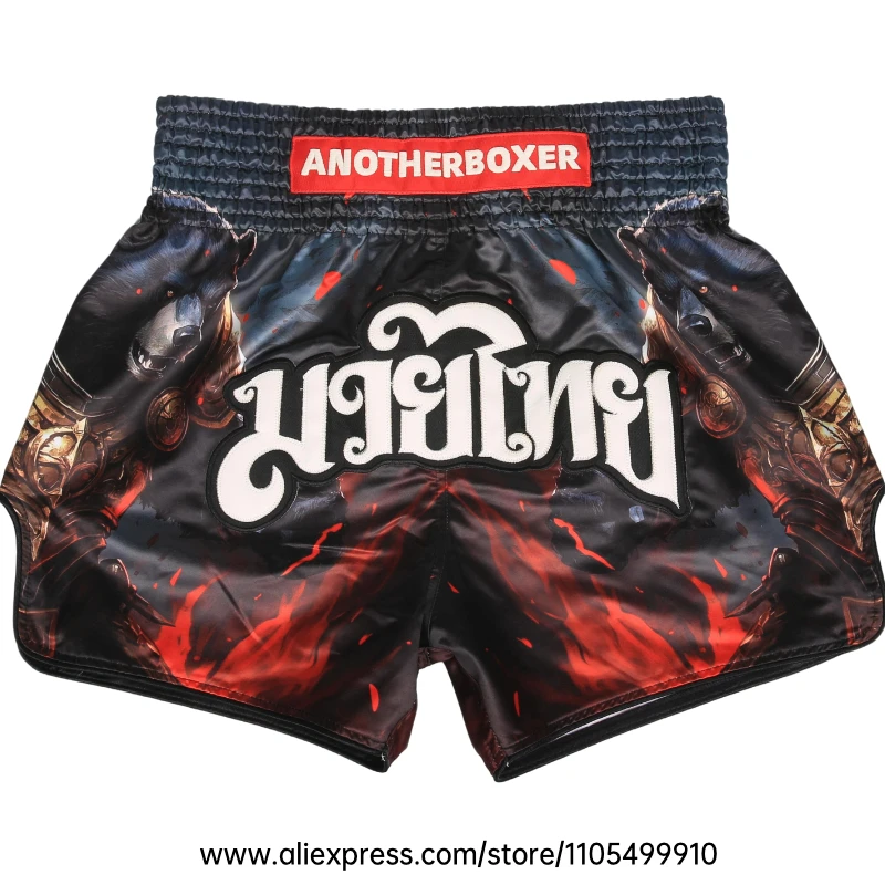Satin Muay Thai Shorts mit seitlichem Schlitz, Bärenkrieger-Motiv, Thai-Boxshorts, Kickbox- und MMA-Kampfshorts für Training und Sparring
