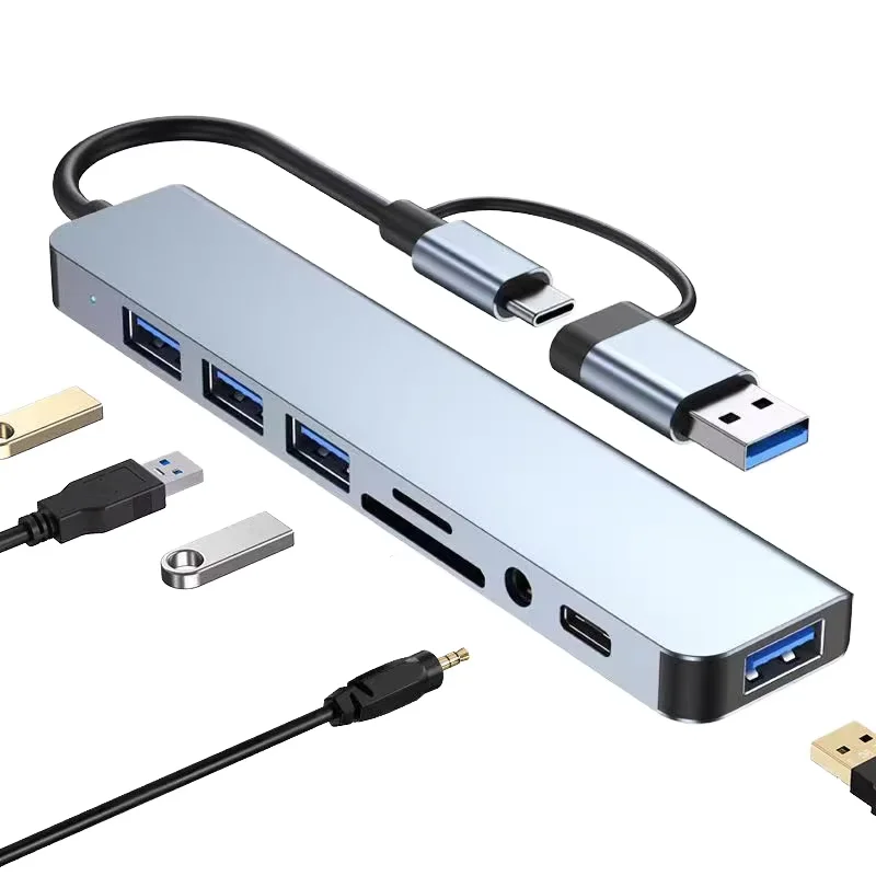 

10 шт. 8-в-1 USB C-концентратор — 3 USB 3.0/2.0, USB-C, устройство чтения карт SD/TF, аудио 3,5 мм — алюминиевый адаптер для MacBook, ноутбуков