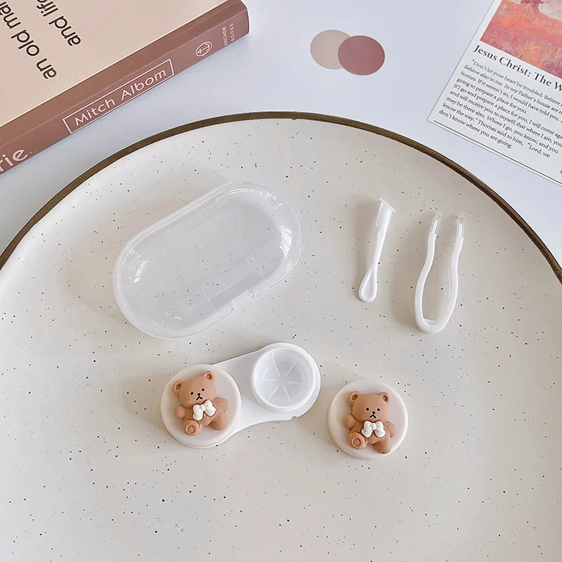 Kawai الكرتون عدسات لاصقة صندوق القهوة الفاكهة البطيخ Bowknot عدسات لاصقة ستيريو للعيون صندوق العناية بالعين مع الملقط