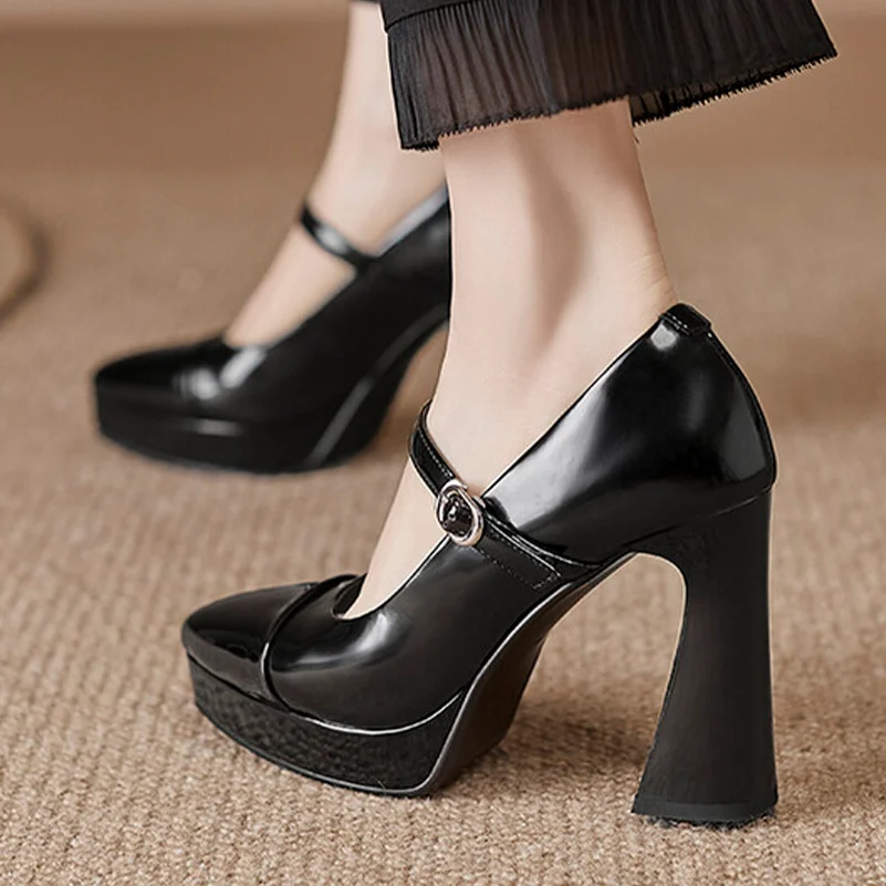 ANNYMOLI Women Genuine Leather Pumps High Hoof Heels Pointed Toe Mary Janes Buckle Mixed Colors Party Spring Autumn Shoes Black