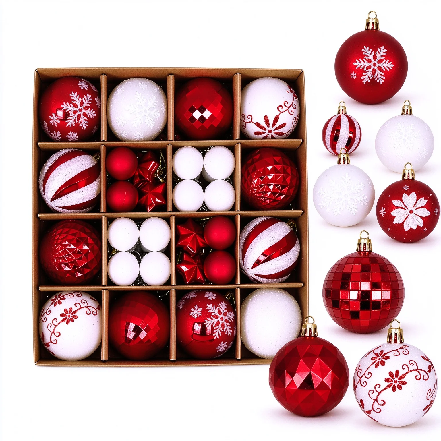 44Cts Red White Christmas Ball Ornaments Set, Shatterproof Xmas Tree Baubles with Snowflake & Striped Pattern for Holiday Party Home Decor