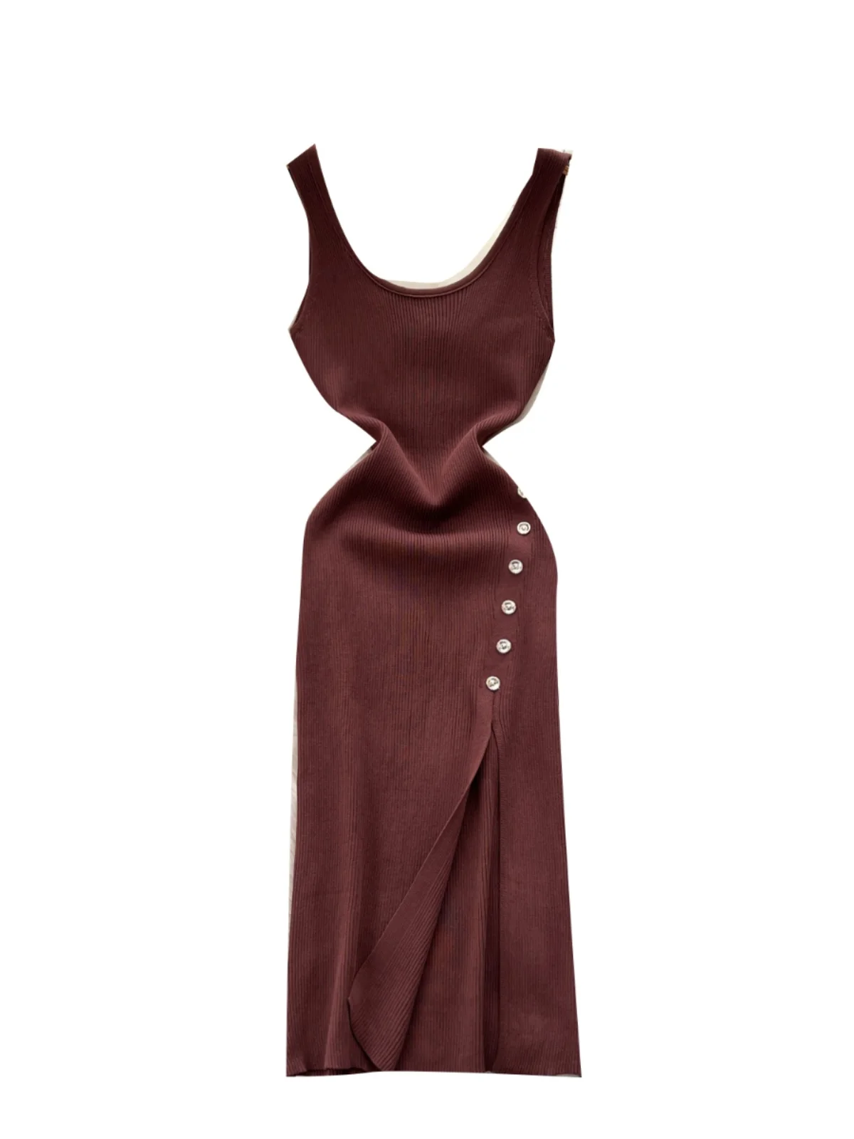 Foamlina-vestido de punto con detalle de botones, elegancia francesa, minivestido ceñido sin mangas con abertura alta, traje elegante, verano 2025