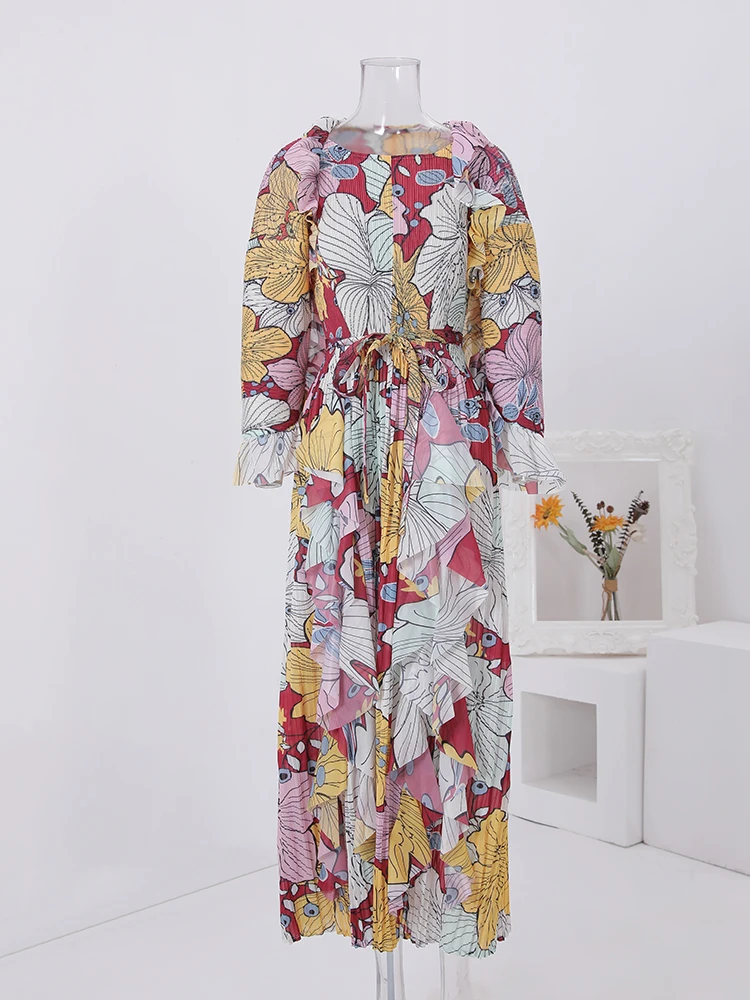 LANMREM-Robe longue imprimée plissée pour femme, vêtement à volants, épissé, ceinture froncée, taille froncée, nouvelle collection printemps 2024, 32C731