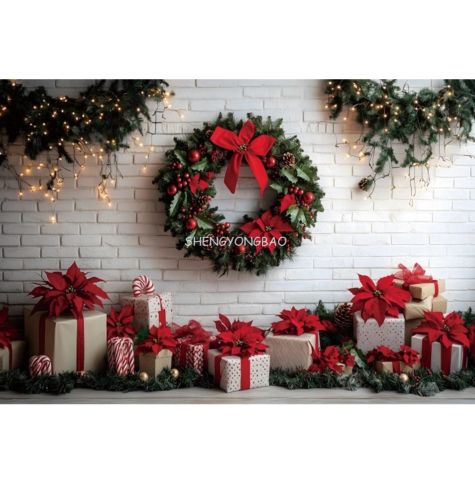 الهدايا إكليل الأبيض الطوب جدار خلفية عيد الميلاد الطفل الاطفال صورة الأسرة حفلة التصوير خلفية ديكور صور استوديو الدعائم