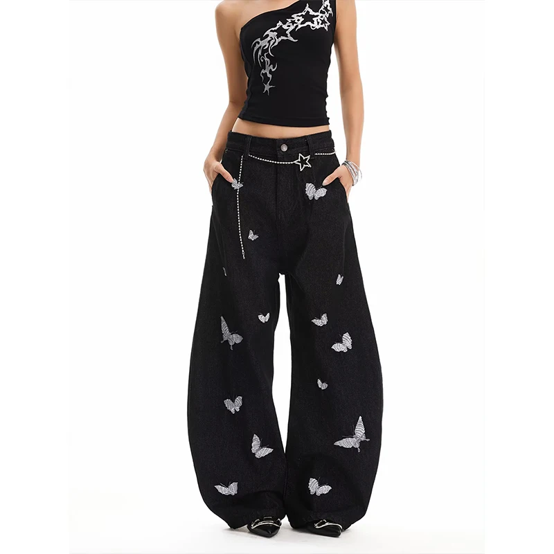 

Women's Jeans Embroidered Basic Denim American Retro Chic Straight Leg Slim Vintage Women's Jeans Casual Simple Pants New