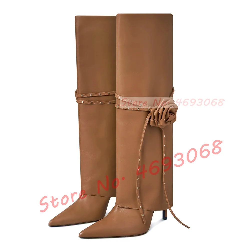 Brown Rose Knee High Boots Women Slouchy High Thin Heels Fold Over Shoes With Tassel Decor Ladies Pointy Studded Party Boots