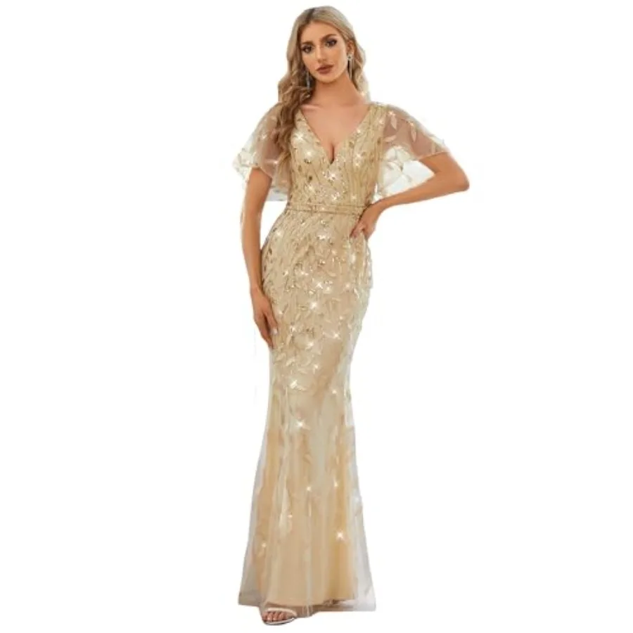 Ever-Pretty Women's Sequin Formal Dresses V-Neck Ruffles Sleeves Embroidery Mermaid Long Evening Prom Dress