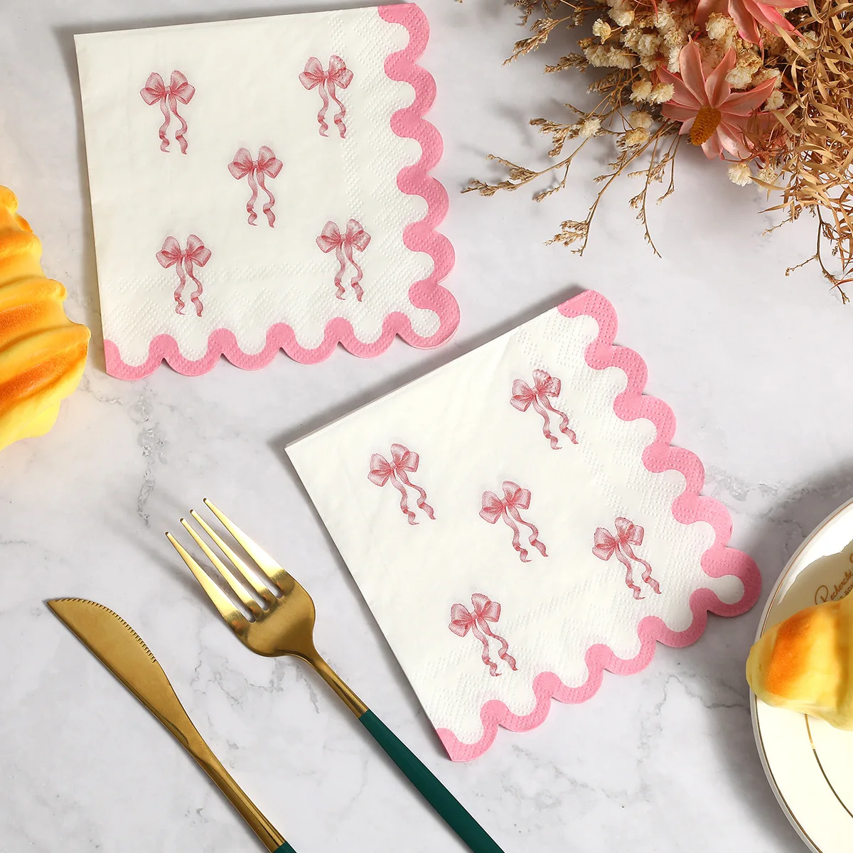 20 sztuk / worek Różowa kokardka Jednorazowe papierowe serwetki Ręcznik dla dzieci Dziewczyna Urodziny Baby Shower Dekoracja weselna
