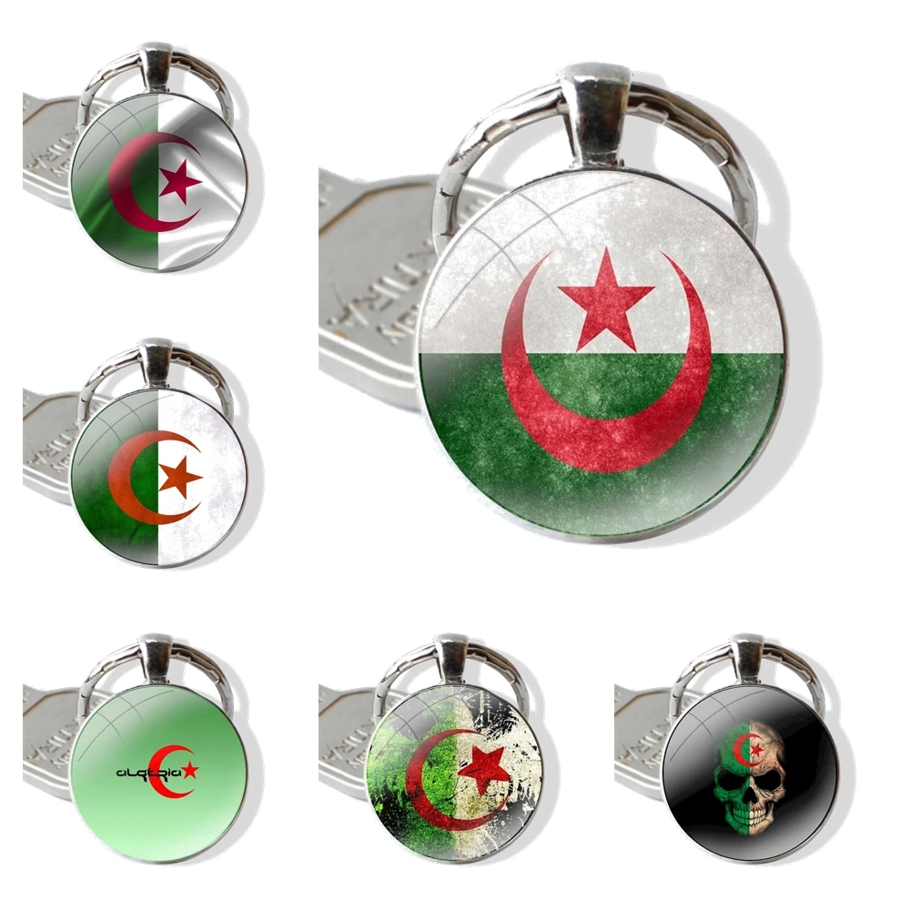 Algeria Flag Glass Metal Pendant Key Chain Classic Men Women Key Ring Accessories Jewelry Gifts