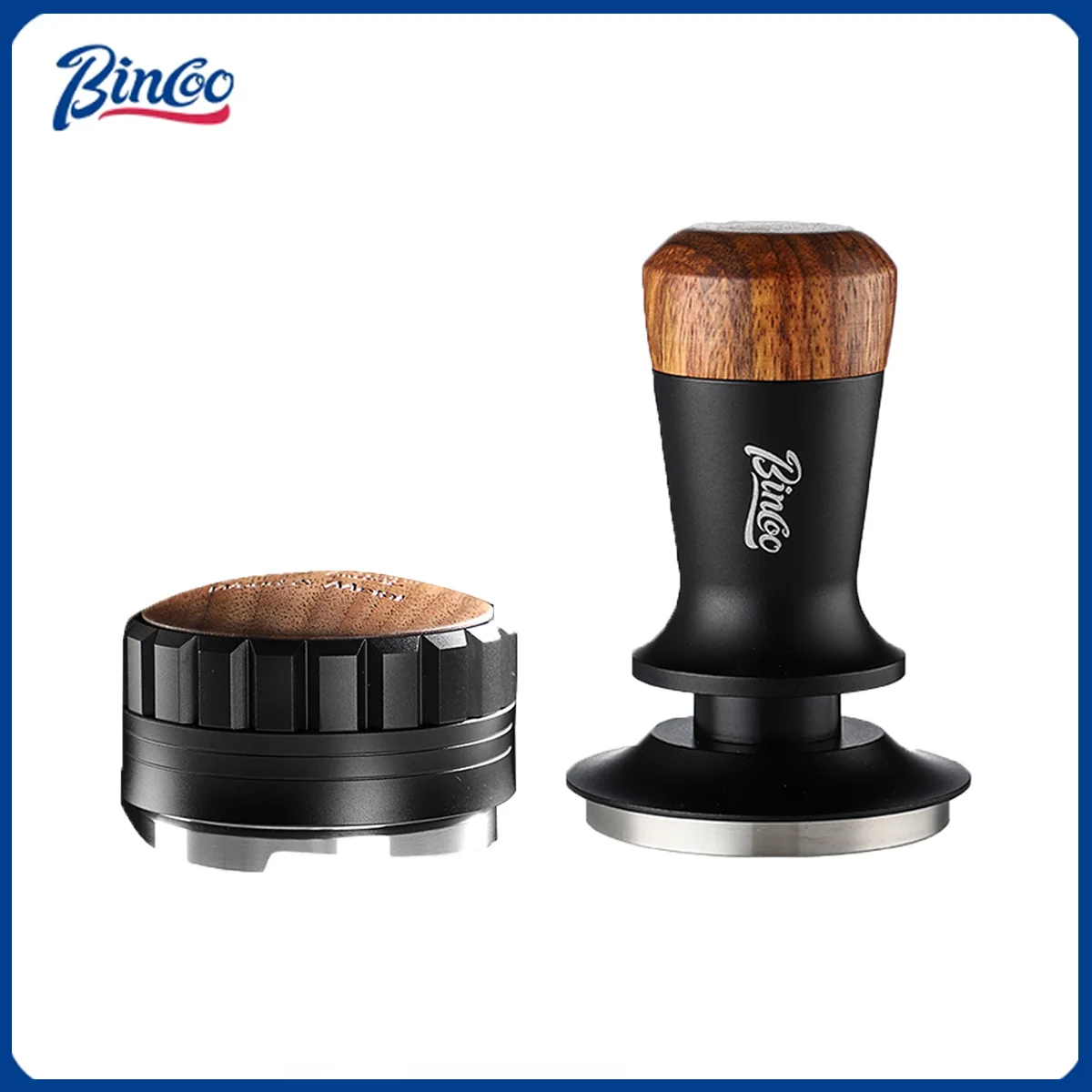 Bincoo Espresso Distributor & Tamper Set Leveler Wood lid Fits 51/58mm 304SS 3-Blade Leveler with Calibrated Press Barista Tools