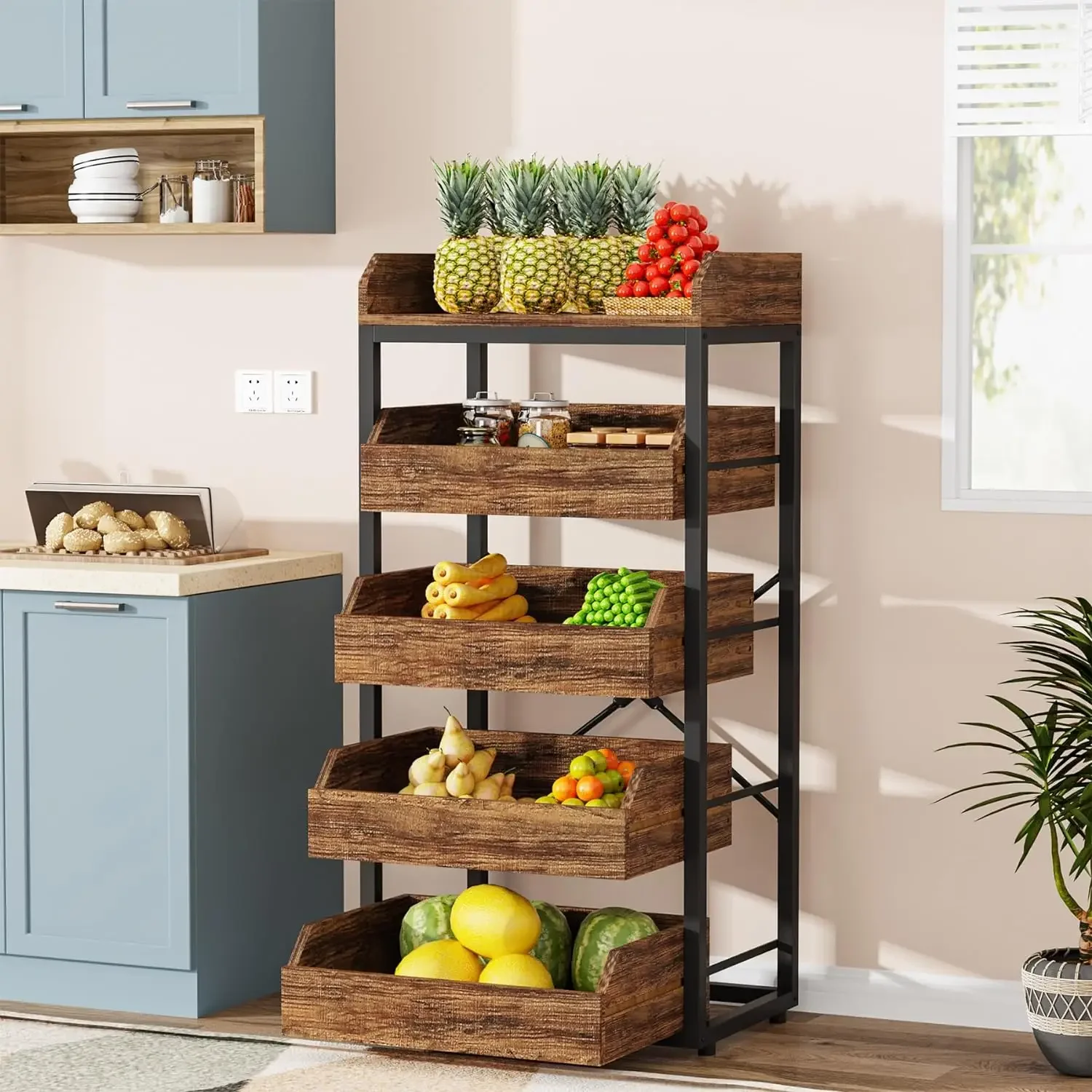 

Wood Fruit and Vegetable Storage Rack, 5-Tier Pull-Out Snack Stand Fruit Basket Stand, Utility Shelf Organizer for Kitchen