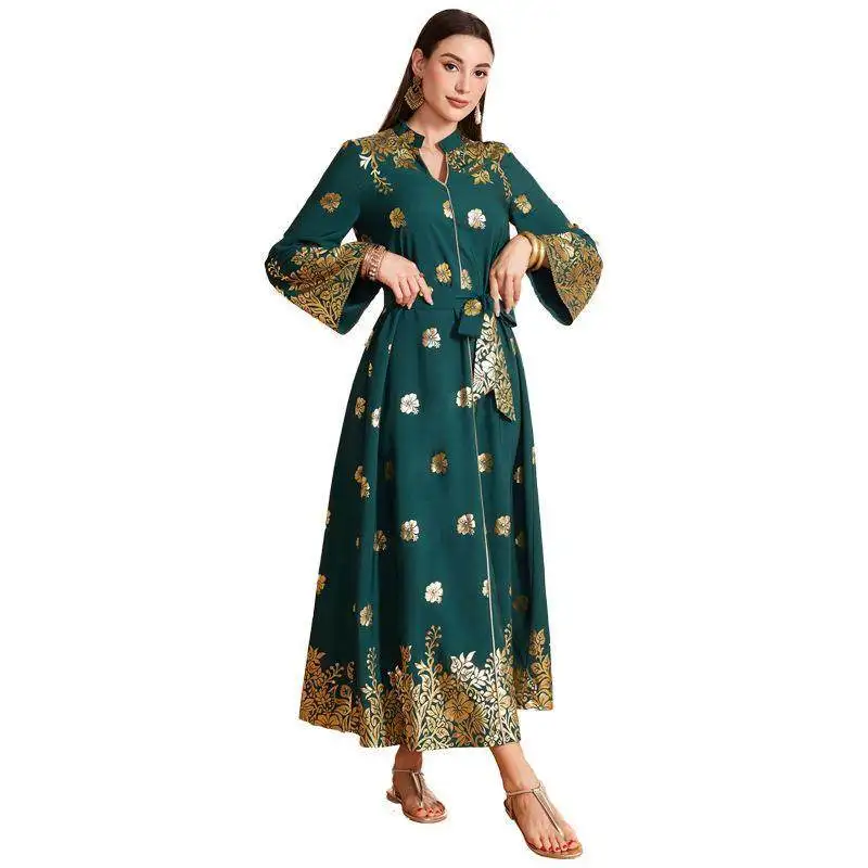 Robe élégante à col en V, élastique sur quatre côtés, ornée de motifs dorés, style classique, taille mi-haute, jupe trapèze, manches longues, pour femme