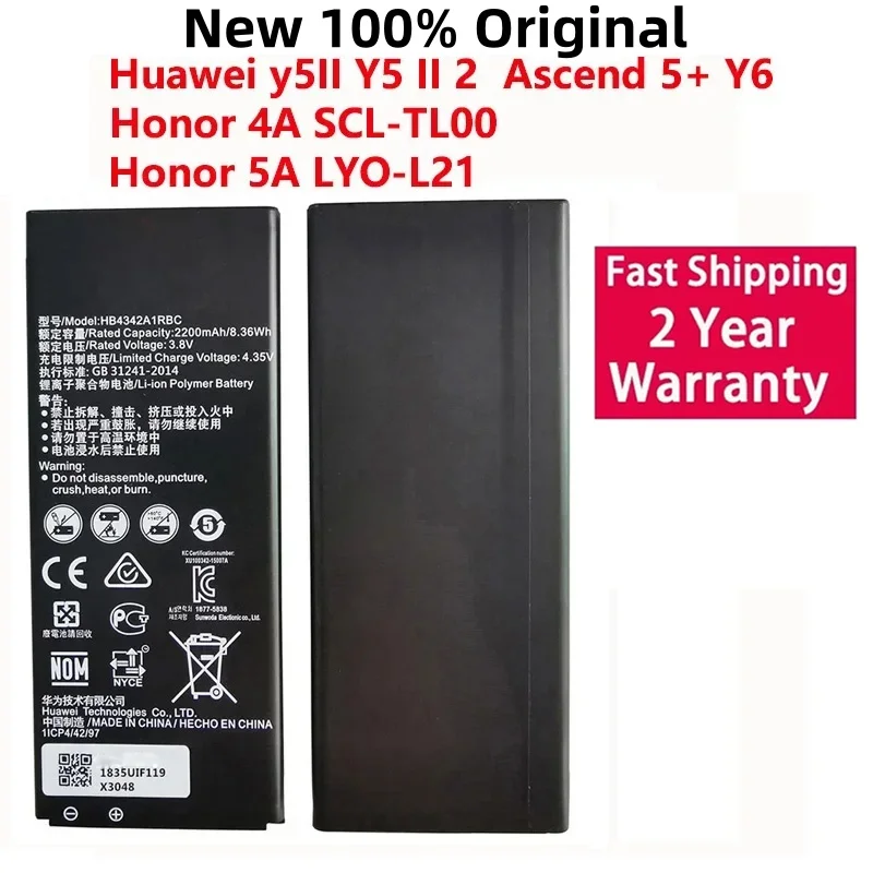 Original HB4342A1RBC Battery For Huawei y5II Y5 II 2 Ascend 5+ Y6 honor 4A SCL-TL00 honor 5A LYO-L21 2200mAh Battery