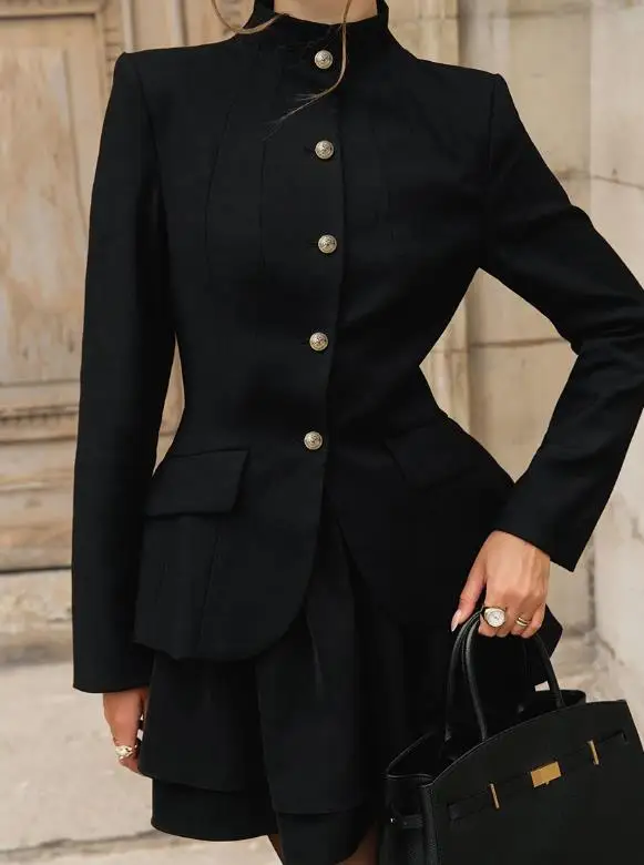 Two Piece Set Women Outfit 2026 Spring Autumn New Solid Color Stand Collar Long Sleeve Top & High Waist Ruffles Mini Skirt Set