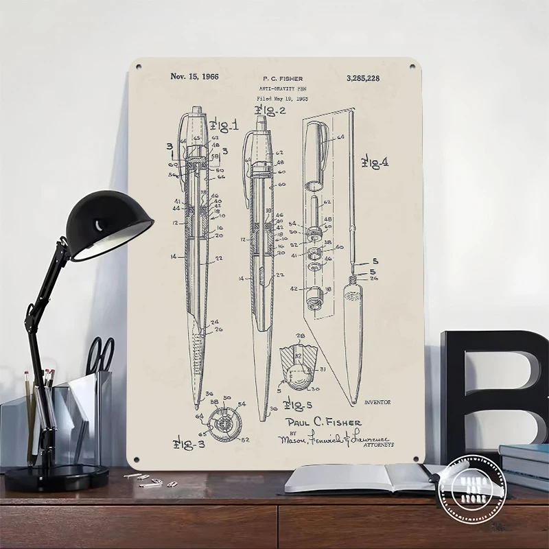 Anti-gravity Pen Patent Drawing Tin Poster Customized Wall Art Retro Vintage Metal Signs for Fans Room Man Cave Home Decor Items