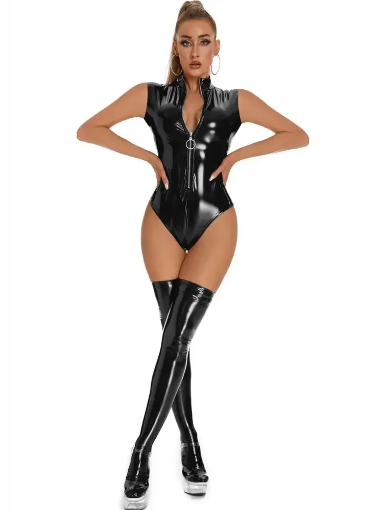 ملابس سباحة PVC بدون أكمام ذات مظهر رطب لامعة من جلد البولي يوريثان وسحّاب ملابس ضيقة كوسبلاي Sukumizu بيكيني ملابس علوية مثيرة للنوادي الدمى