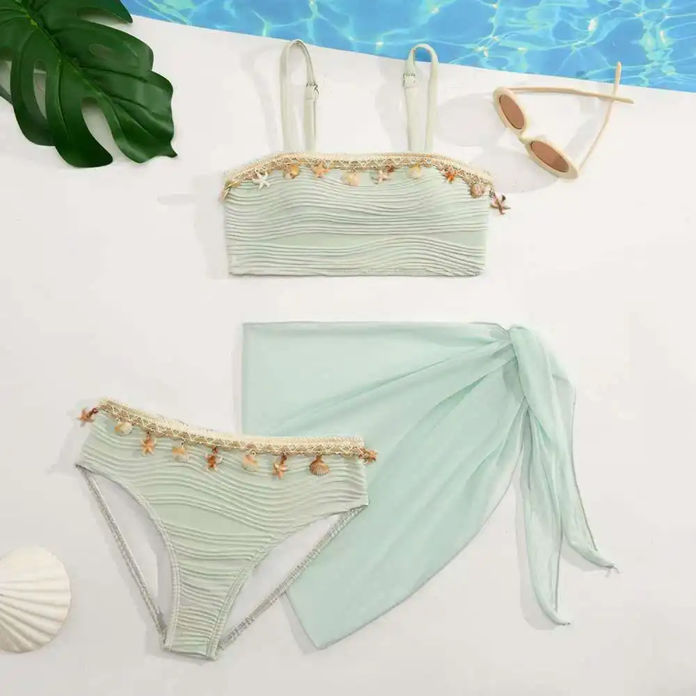 2026 Strappy Girls Swimsuit 3 Pieces Bikini & Skirt Bandeau Kids Swimwear Female Children's Bathers Bathing Swimming Swim Suit - view 6
