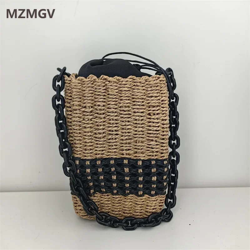 

Meet You Summer Trend Square Box Straw Bag for Women 2025 Fashion Acrylic Chain Drawstring Shoulder Bag Female Seaside Beach Bag