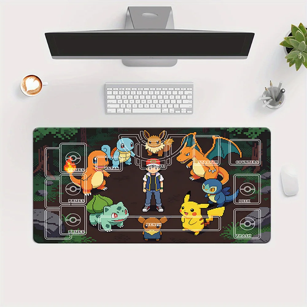 Pokemon TCG Playmat with Ash & Charizard Kanto Starters Pixel Art Forest Design, Large Trading Card Game Mat with Zones, Extende