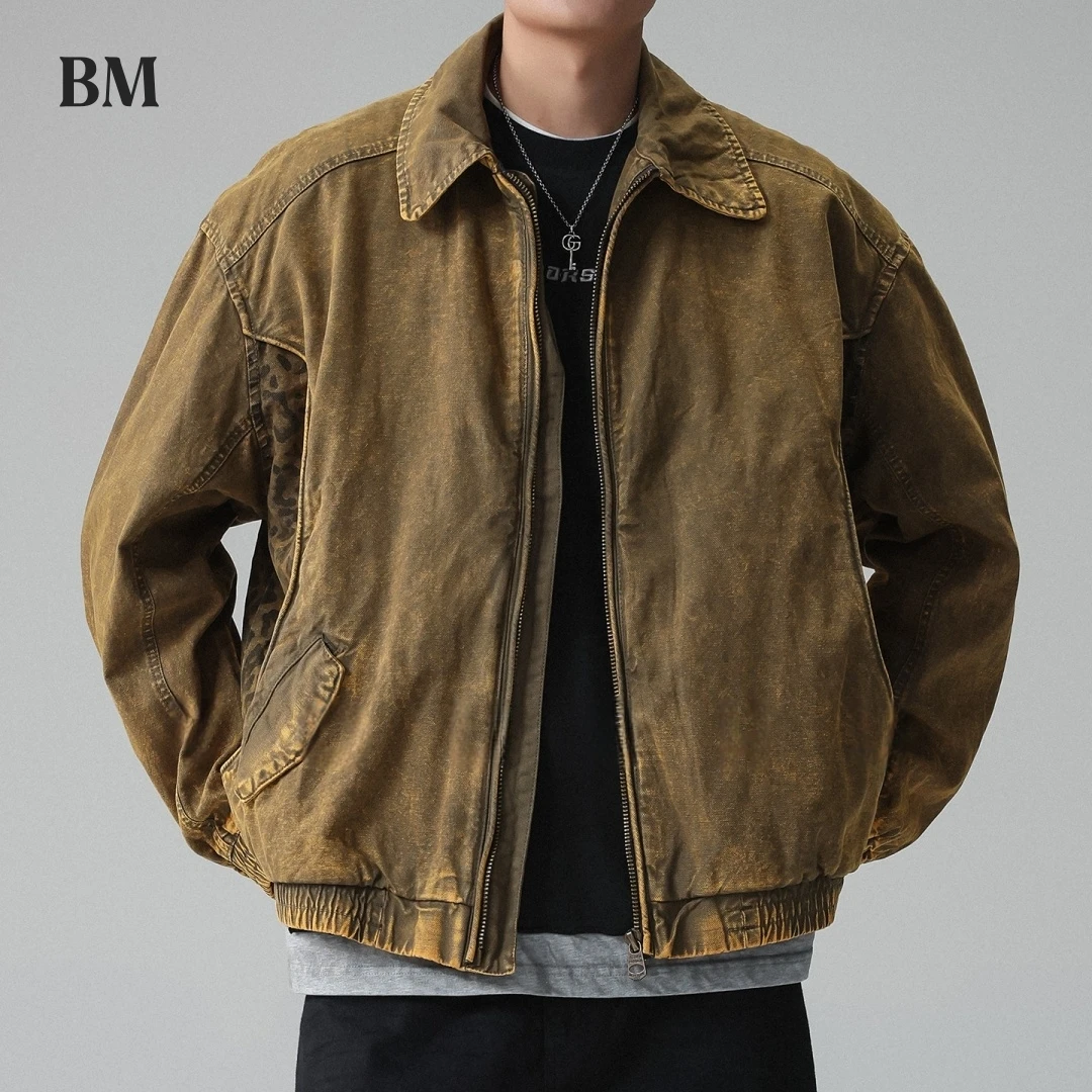 

Mens Distressed Workwear Jacket American Vintage Heavyweight Leopard Print Spring Streetwear Casual High Quality Collar Coat