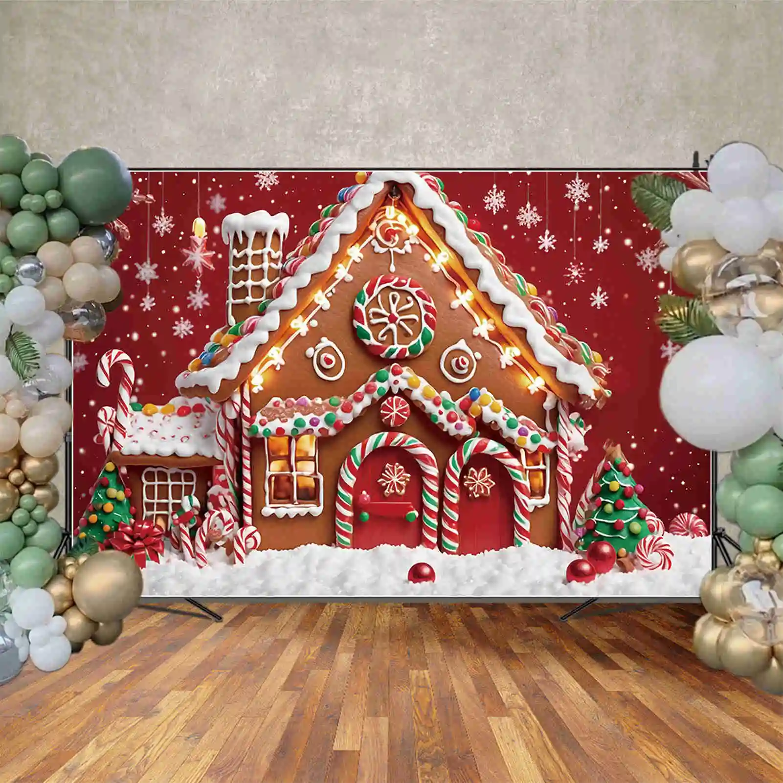 MOON.QG Child Christmas Tree Background New Year Snowflake Gingerbread House Candy Cane Backdrops Party Decor Photography Props