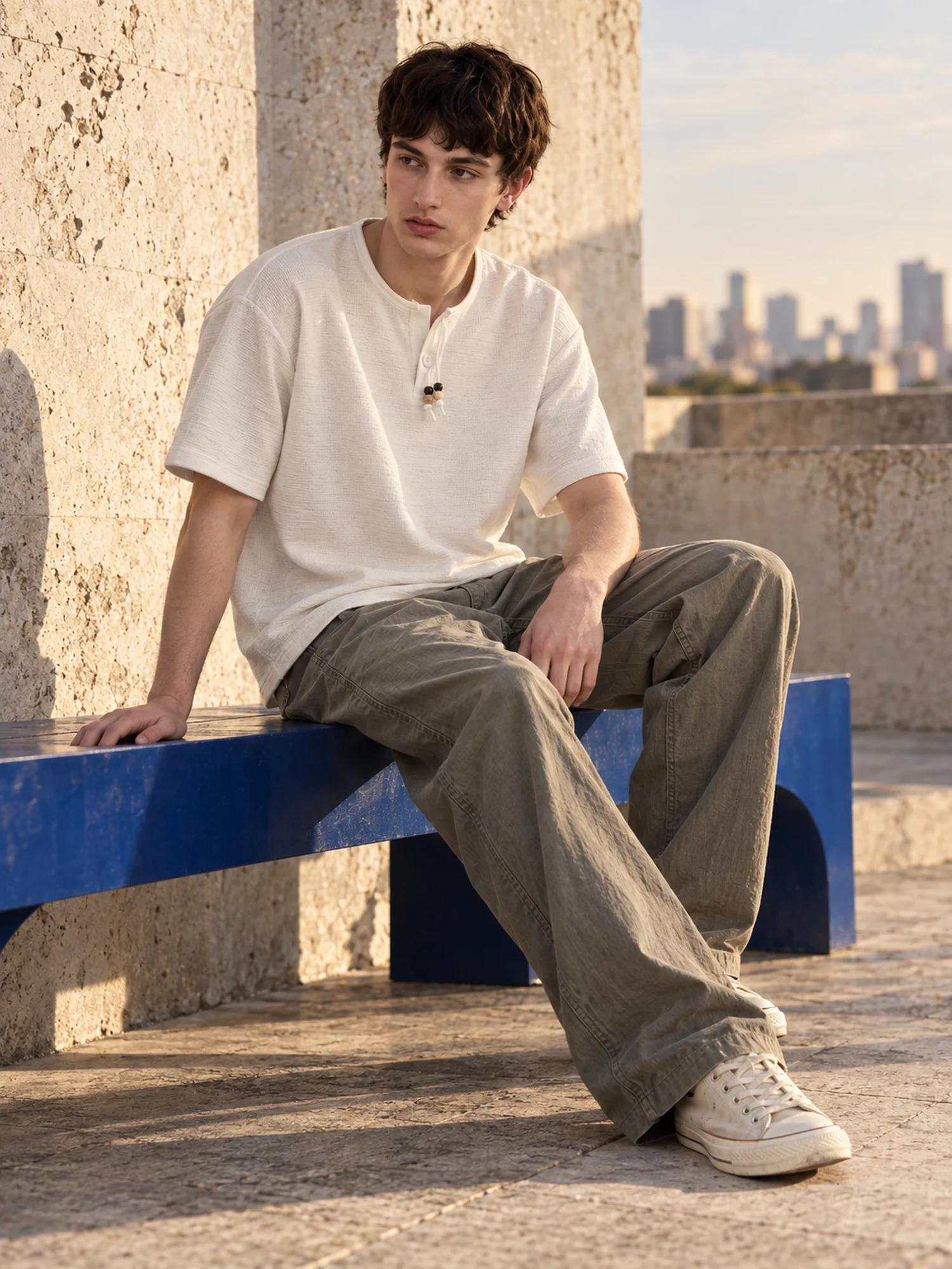 MAZZONNE Men's White Short Sleeve T-Shirt with Button Placket and Beaded Drawstring Detail H