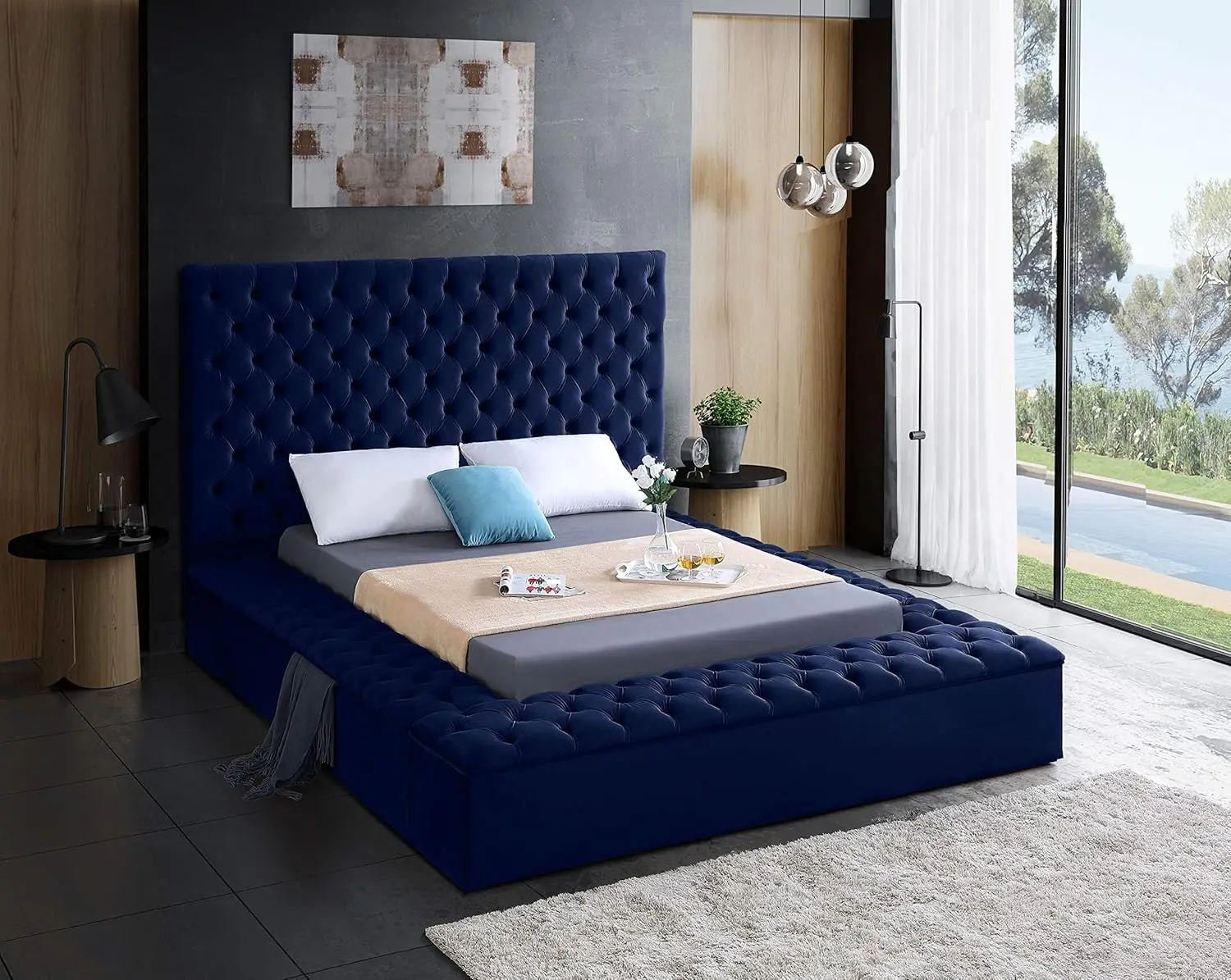 Bliss Collection Modern | Contemporary Velvet Upholstered Bed with Deep Button Tufting and Storage Compartments in Rails