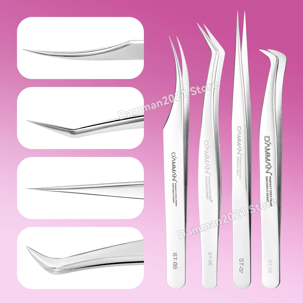 Pinzas de pestañas Damman para extensión de pestañas, pinzas de pestañas de alta precisión, pinzas de acero inoxidable, suministros para extensiones de pestañas