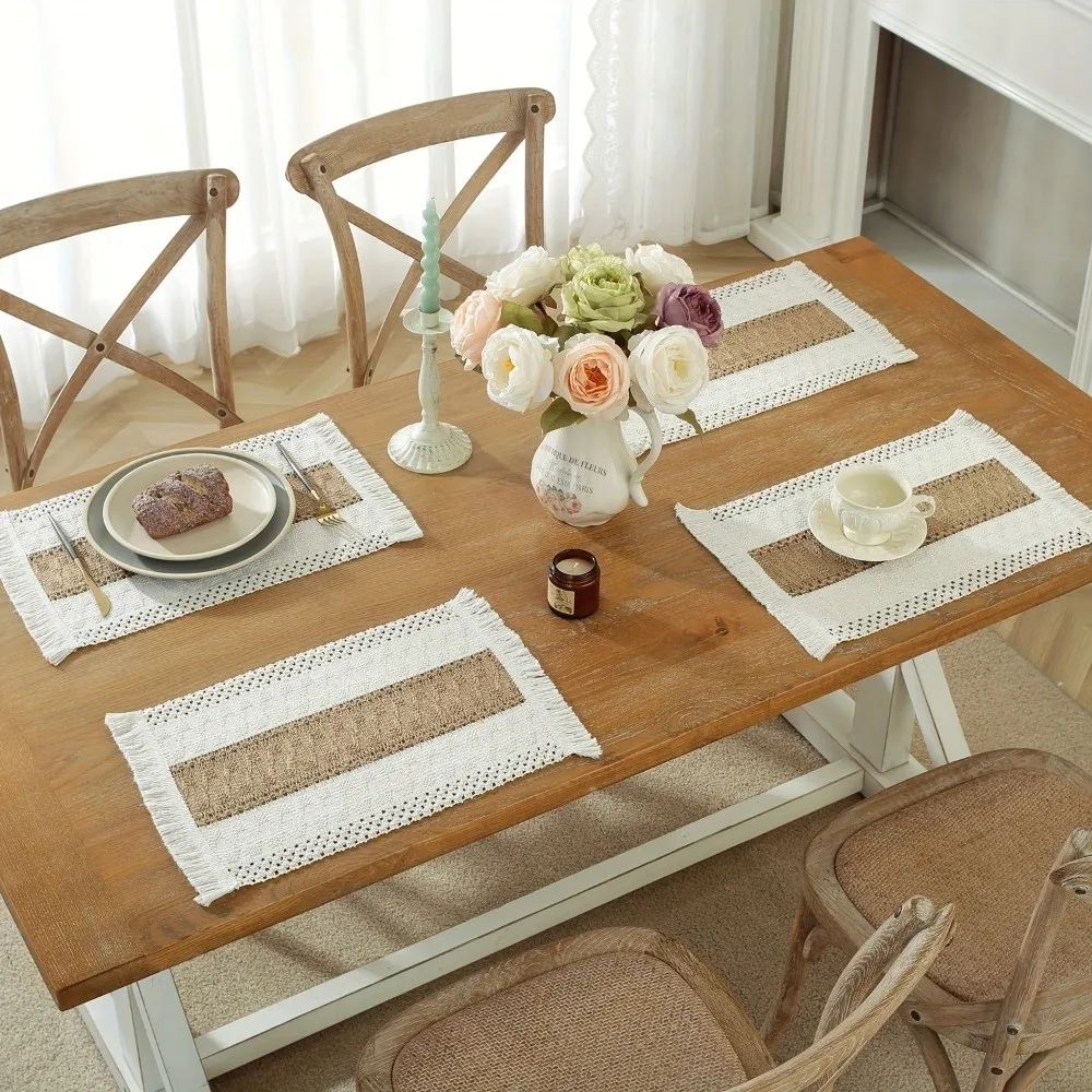4pcs Bohemia Rectangle Table Mats Non Slip with Tassel Boho Burlap Placemats Washable Striped Linen Braided Place Mats